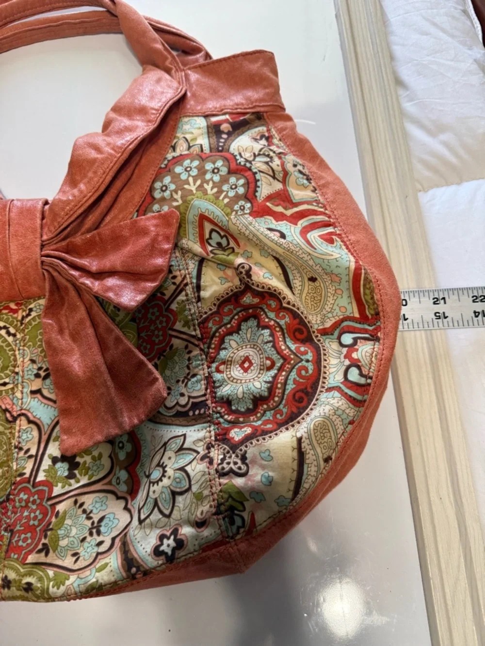 Ebisu Boho Paisley Print Hobo Bag with Large Bow Accent Orange Coral